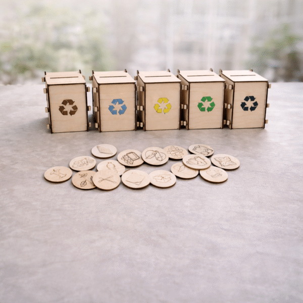 Segregowanie śmieci, drewniana układanka