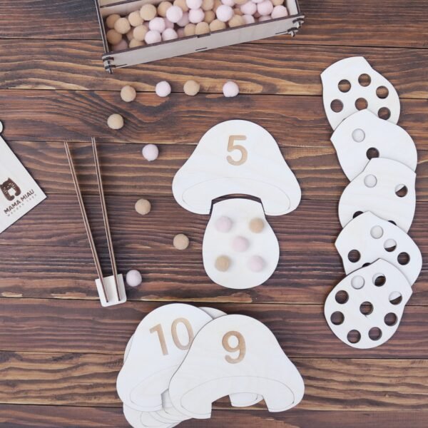 Puzzle matematyczne "Grzybek" - drewniana układanka Montessori + szczypce i pompony