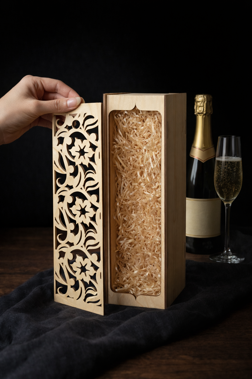 Wyjątkowy upominek – eleganckie drewniane pudełko na butelkę (Model D) - obrazek 4