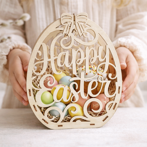 Drewniany koszyk wielkanocny – dekoracyjny, naturalny „Happy Easter”