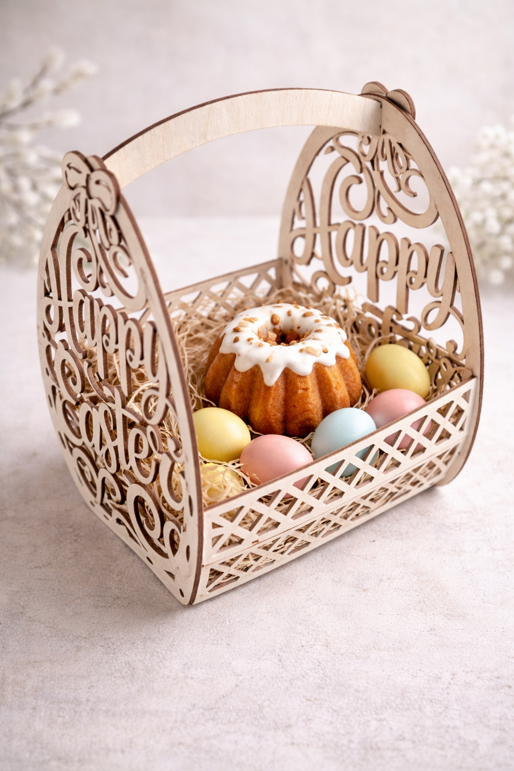 Drewniany koszyk wielkanocny – dekoracyjny, naturalny Zajączkowa Radość - obrazek 4