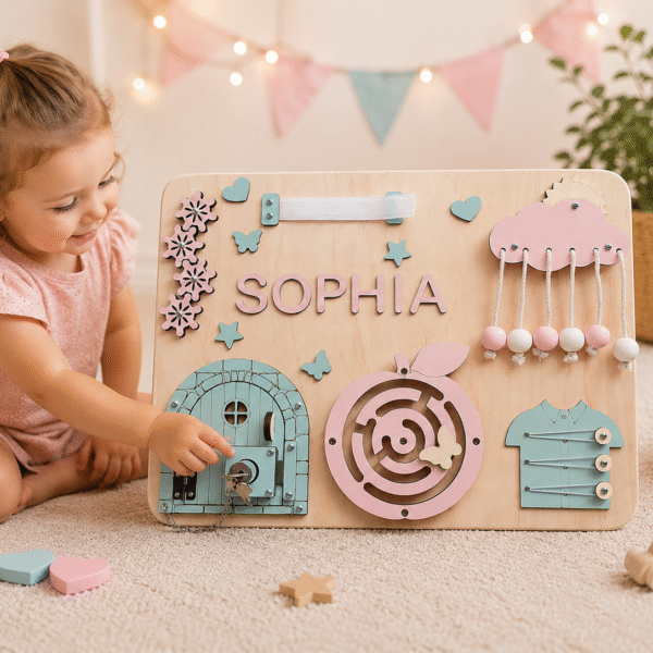 Personalizowana Tablica Manipulacyjna Montessori z Imieniem Dziecka – 30 × 40 cm Rużowa