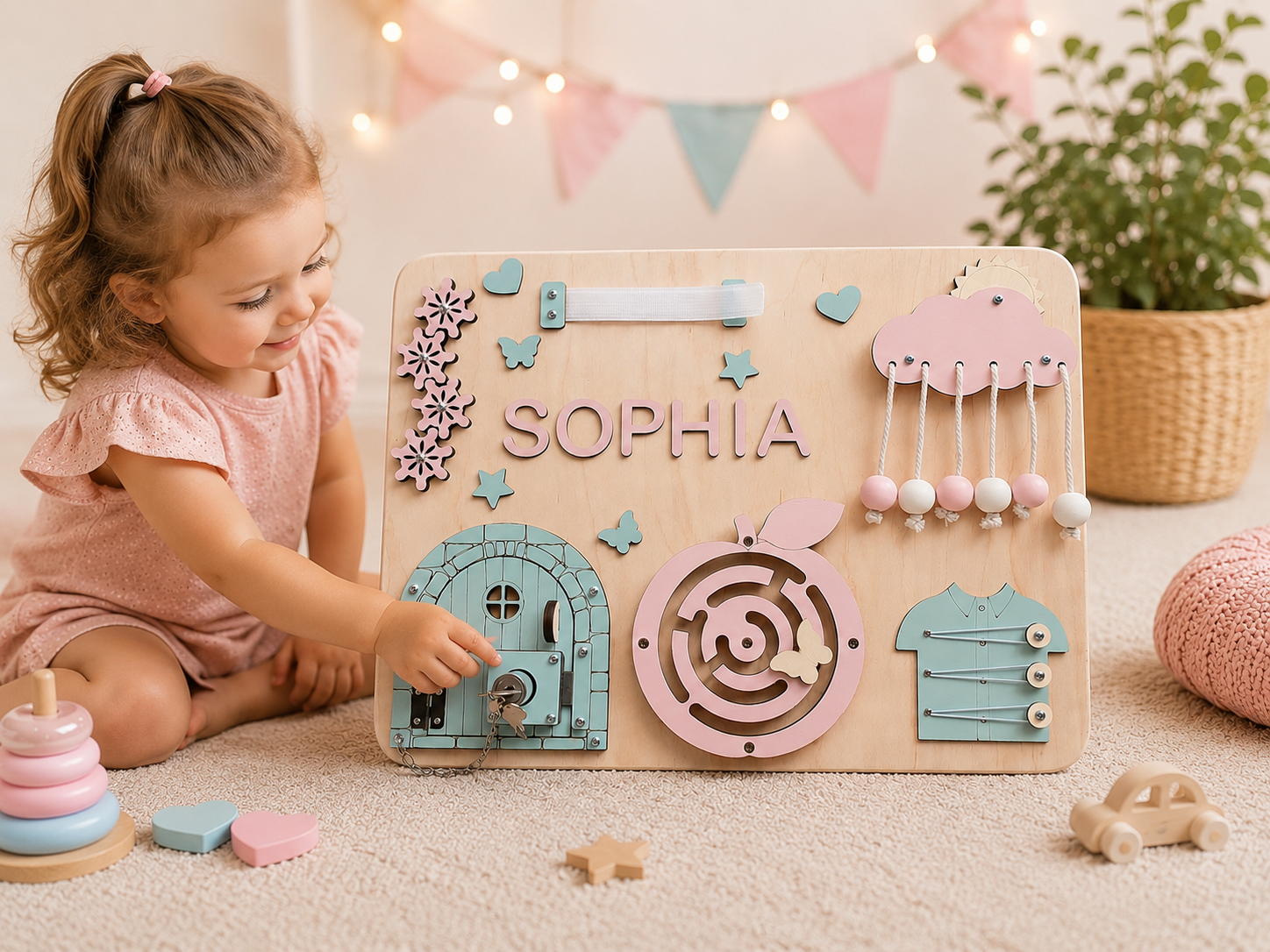 Personalizowana Tablica Manipulacyjna Montessori z Imieniem Dziecka – 30 × 40 cm Rużowa