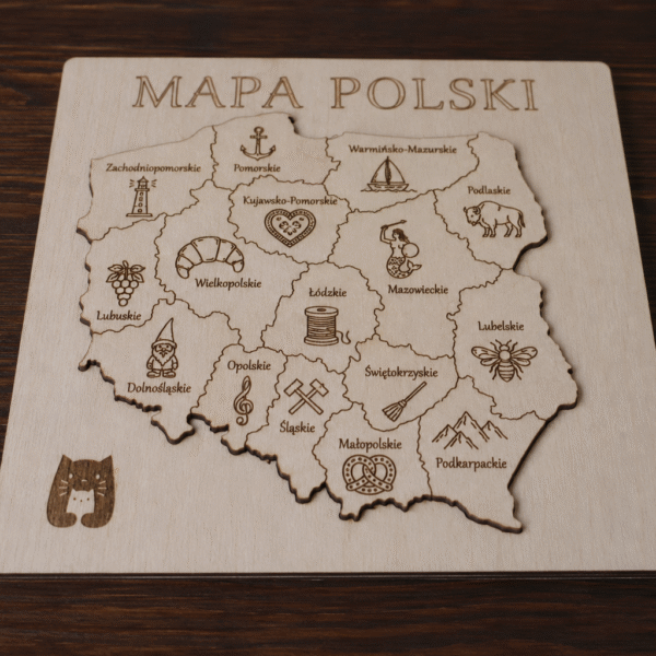 Drewniana Mapa Polski – województwa z grawerowanymi ilustracjami
